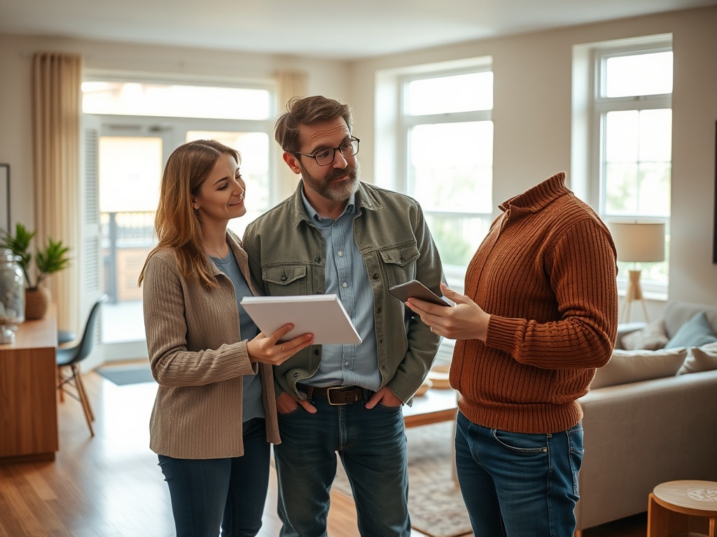 Как проверить историю перепланировок у предыдущих владельцев Трое людей в уютной комнате обсуждают что-то, держа в руках планшет и телефон.