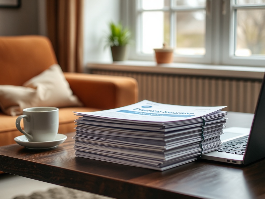 Как проверить соответствие объекта требованиям страховой компании На столе лежит куча документов, рядом чашка кофе и открытый ноутбук в уютной обстановке.