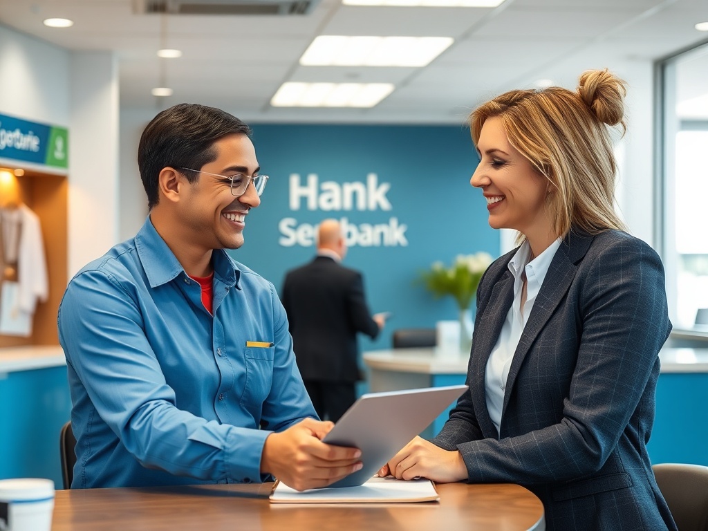 Как повысить шансы на одобрение ипотеки На изображении клиент и сотрудник банка обсуждают документы в уютном офисе. Обе стороны выглядят довольными.