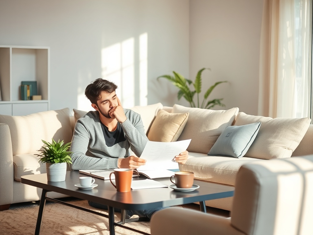 Что делать если отказали в ипотеке Молодой человек сидит на диване, читая документы, в уютной комнате с солнечным светом и растением.
