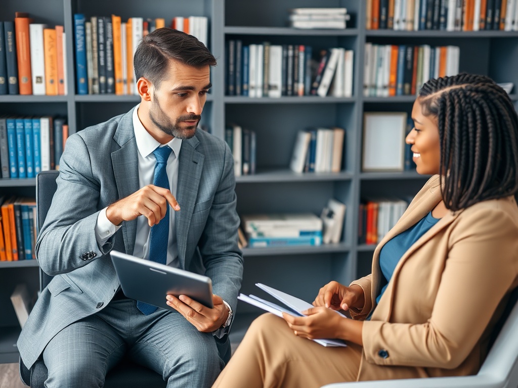 Что делать если отказали в ипотеке Два человека в офисе обсуждают проект, один показывает данные на планшете, второй внимательно слушает.