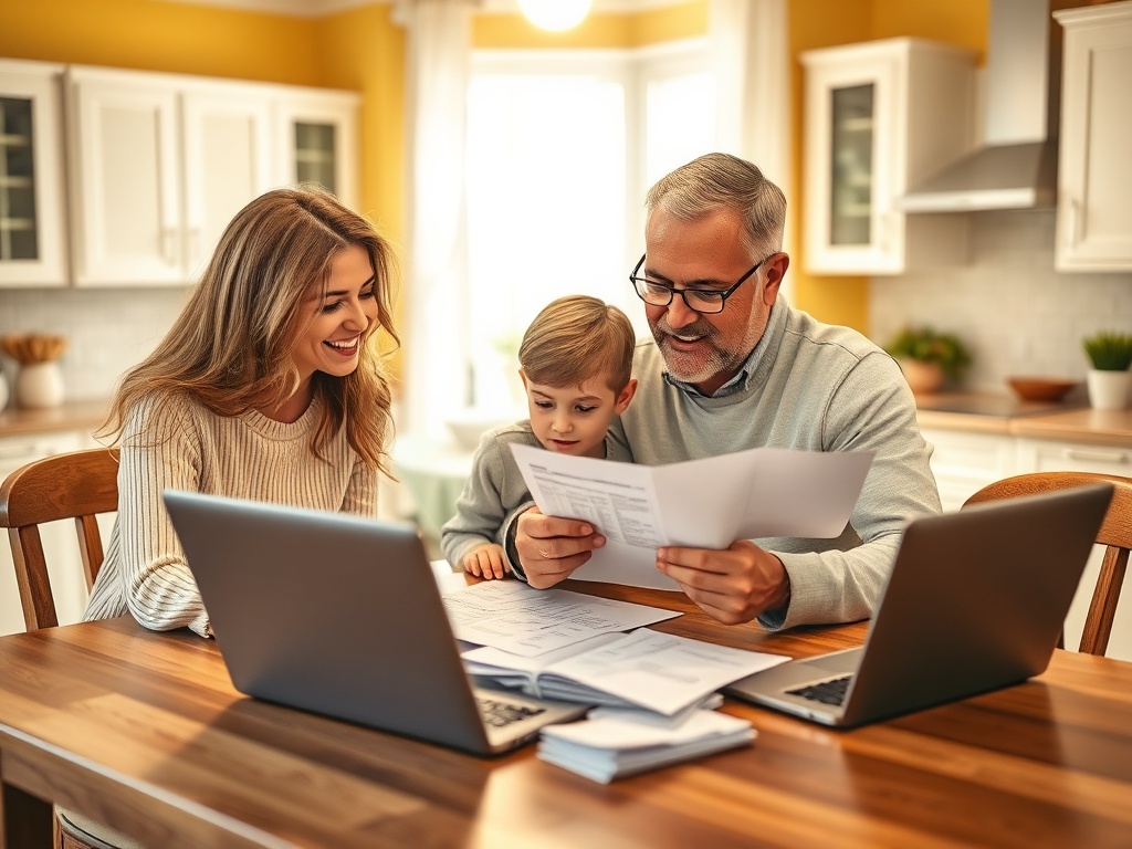 Как выбрать ипотеку при нестабильной экономике Семья читает документы за столом, рядом два ноутбука и улыбки на лицах. Солнечный день в уютной кухне.