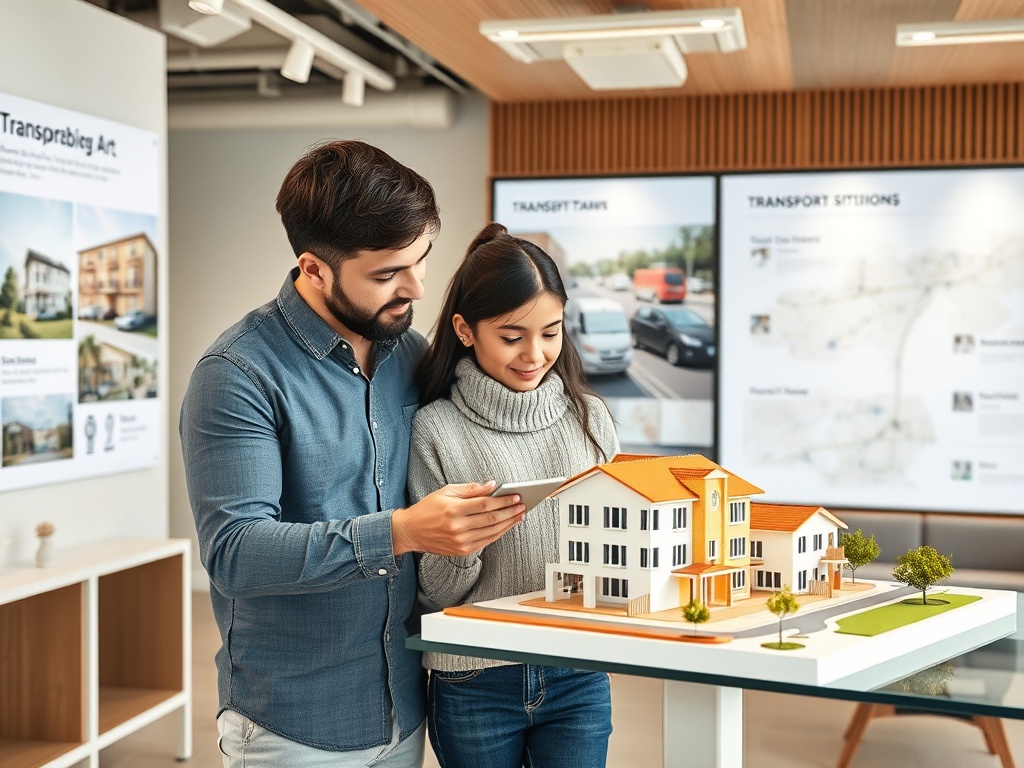 Как выбрать квартиру с учётом перспектив изменения транспортных маршрутов Молодая пара рассматривает модель дома и планшет в офисе, окруженном изображениями недвижимости.