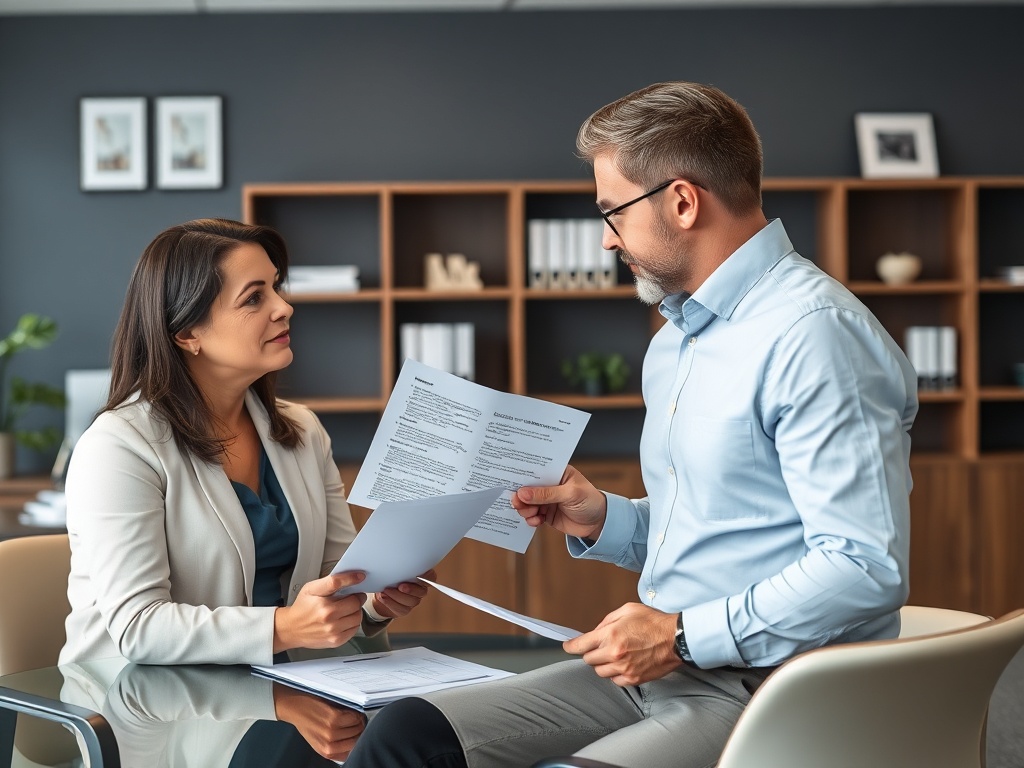 Как выбрать ипотеку при нестабильной экономике Два человека в офисе обсуждают документы, сидя за стеклянным столом. Женщина внимательно слушает мужчину.