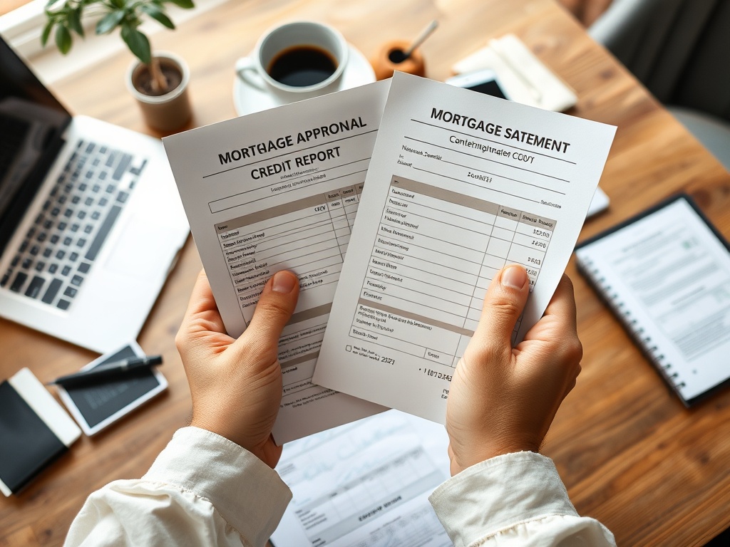 Как повысить шансы на одобрение ипотеки На столе лежат документы: отчет по кредиту и выписка по ипотеке в руках человека.