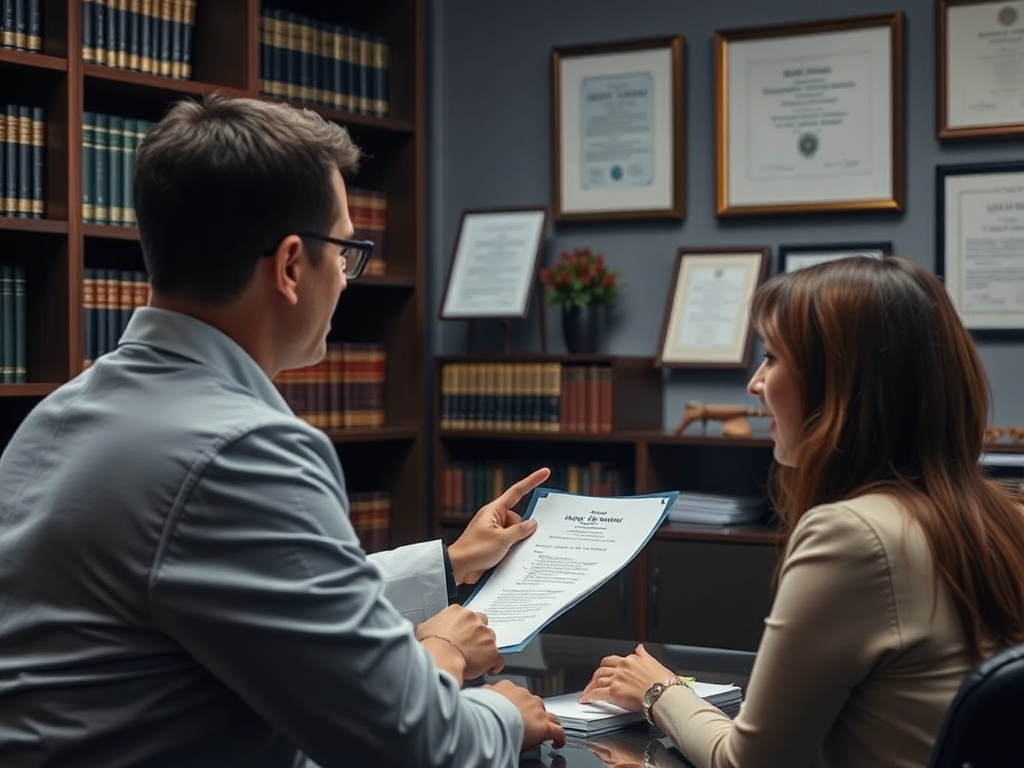 Как оформить дарение квартиры На изображении адвокат и клиент обсуждают документы в офисе, окруженном книжными полками и дипломами.
