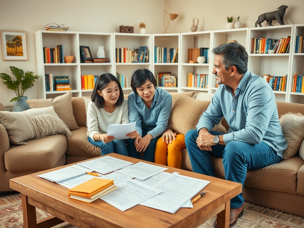 Как оформить дарение квартиры Трое людей обсуждают документы на столе в уютной комнате, сидя на диване.