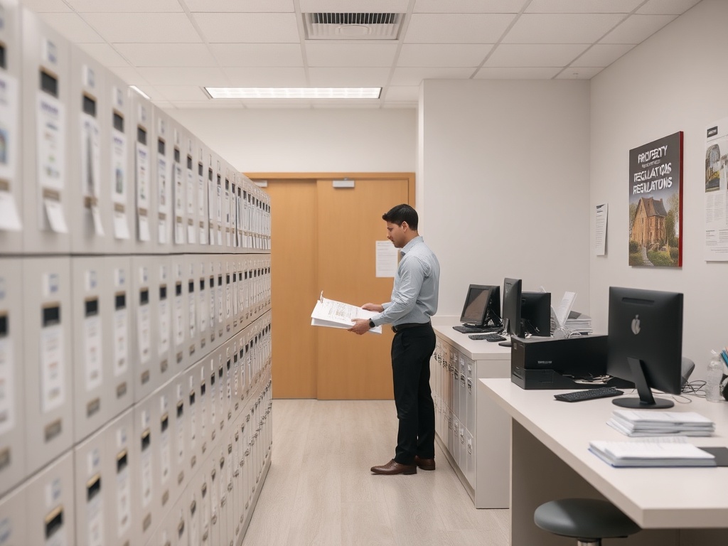 Как проверить историю перепланировок у предыдущих владельцев Мужчина с папкой стоит между рядами офисных шкафчиков в современном офисе с компьютерами.